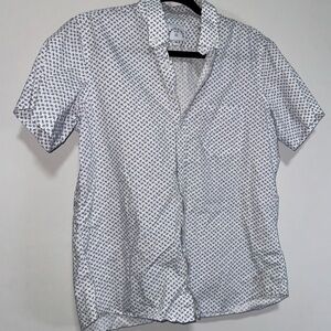Kirrin Finch Androgynous Shirt Sz 14 Short Sleeve Button Up White Blue Print